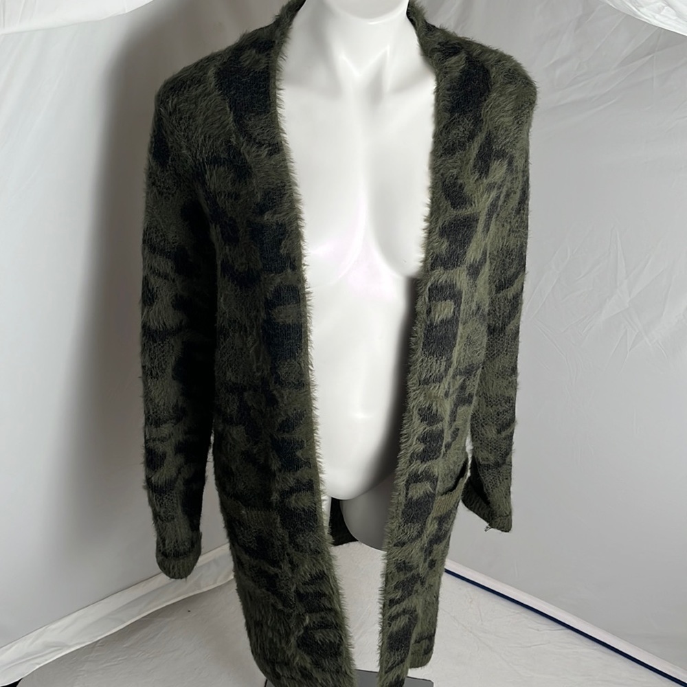 Fate army green and black fuzzy knit leopard open cardigan